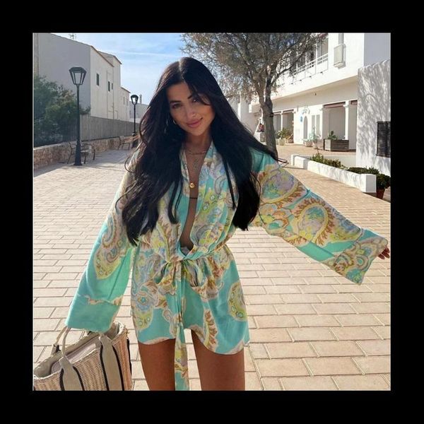 

women's blouses & shirts spring summer fashion floral print womens long blouse with bow knot high waist beach holiday shirt robe -40, White