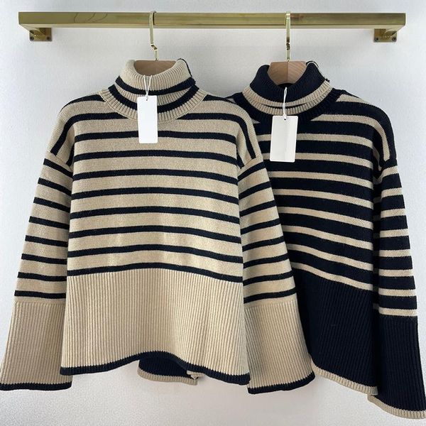 

women's sweaters 2021 winter wool blend knitted sweater women fashion turtleneck drop shoulder casual loose striped jumper lady, White;black