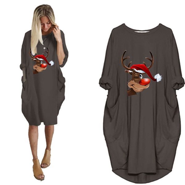 

christmas women's casual loose pocket long sleeve xl print dress, Black