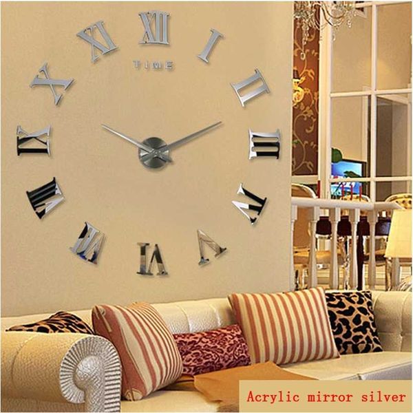 DIY relógio de parede 3d casa decoração grande espelho romano moda moderna arte de quartzo relógios de sala de estar relógio 211110