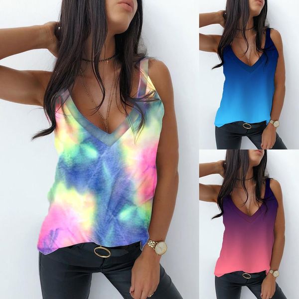 

gradient shirts women summer 2021 v neck sleeveless blouse shirt elegant tie dye backless off shoulder print blouse, White