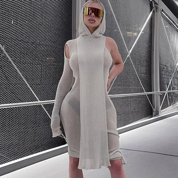 

casual dresses fall spring clubwear tight dress one sleeve knit asymmetric midi skinny ribbed hooded streetwear baddie clothes, Black;gray