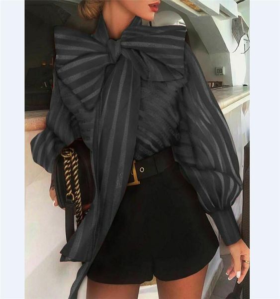 

women's blouses & shirts women mesh shirt casual long lantern sleeve striped blouse formal, White