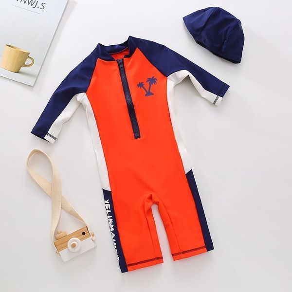 

kid baby boy 2pcs summer swimwear swimsuit coconut tree print romper long sleeve zipper jumpsuit cap swim beach bathing suit one-pieces, Black