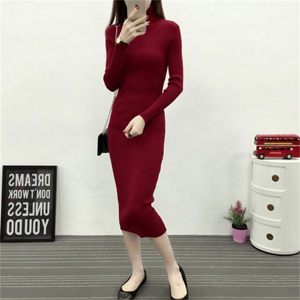 

2021 autumn winter women knitted new elegant turtleneck sweater es lady slim bodycon long sleeve bottoming vestidos 41hb, Black;gray