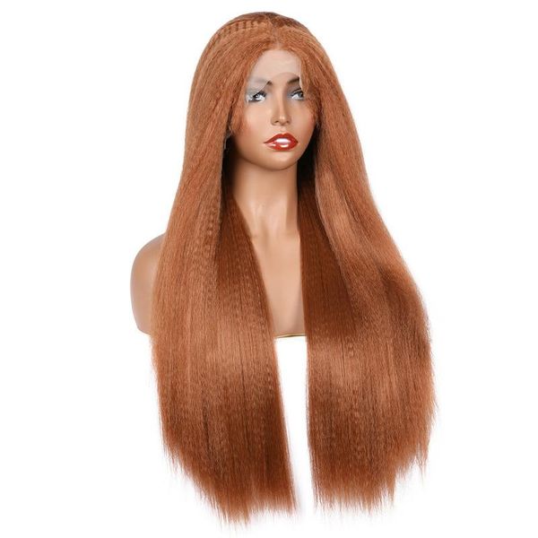 

synthetic wigs yaki 180% density 26 inch long honey brown kinky straight lace front wig for black women daily cosplay heat resistant