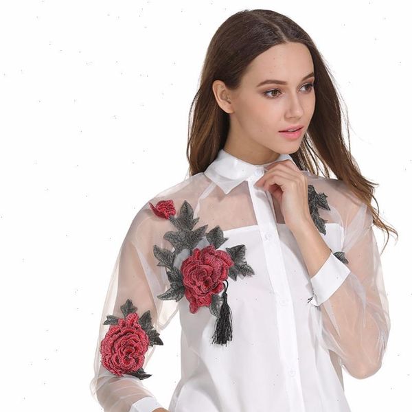 

women blusa spring autumn casual long sleeve blouse embroidered flowers tassel detail shirt with sheer mesh panel blusa feminina, White