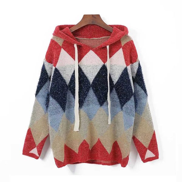 FORSE U Donna Maglione lavorato a maglia Pullover Rosso Blu Lurex Bling Con cappuccio Argyle Allentato Inverno M0053 210529