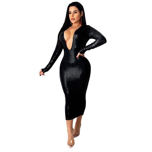 

echoine shine sequined v-neck party night club long dress women fall autumn long sleeve bodycon stretch vintage vestidos new, Black;gray