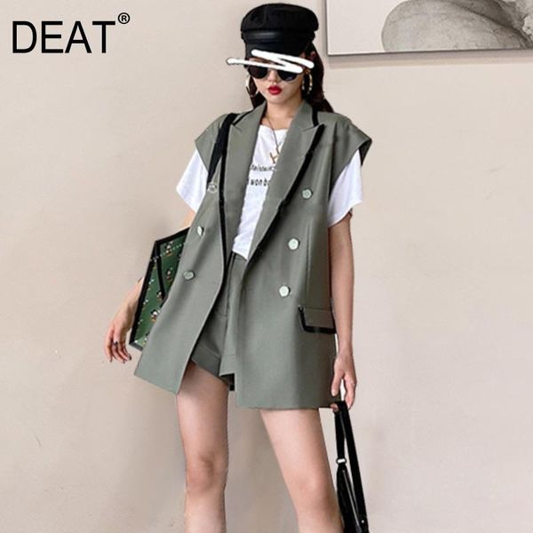 

women's tracksuits deat two pieces shorts suit 2021 turn-down collar sleeveless women green single breasted pockets button fashion 7e23, Gray