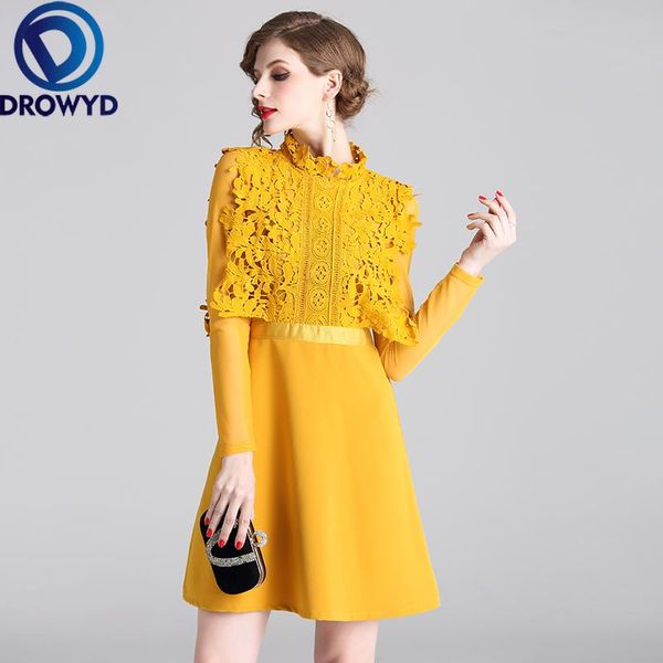 

casual dresses elegant party mini dress for women autumn lace boho long sleeve yellow floral vintage high waist vestidos, Black;gray