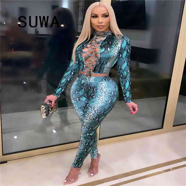 

neon clothes snake skin printed club women two piece outfits front bandage crop skinny pencil pants matching sets 210525, White