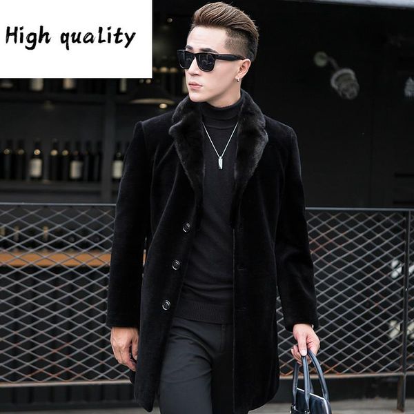 

real long fur coat winter jacket male sheep shearing wool jackets collar koreran mens fur coats, Black