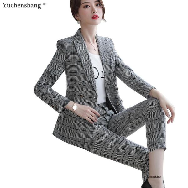 

women's suits & blazers women pant suit soft thick fabric two pieces set for winter s-5xl brown plaid jacket blazer with trouse, White;black