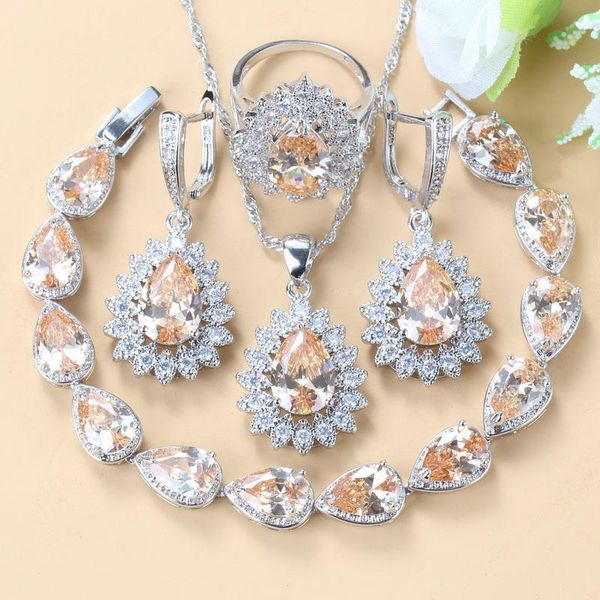 

wedding jewelry sets 925 silver bridal vintage style champagne zircon costume water drop dangle earrings bracelet and ring women, Slivery;golden