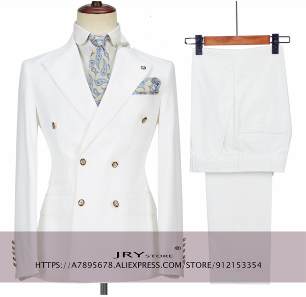 

men's suits & blazers suit 2-piece lapel double breasted wedding groom tuxedo business slim fit blazer + pants, White;black