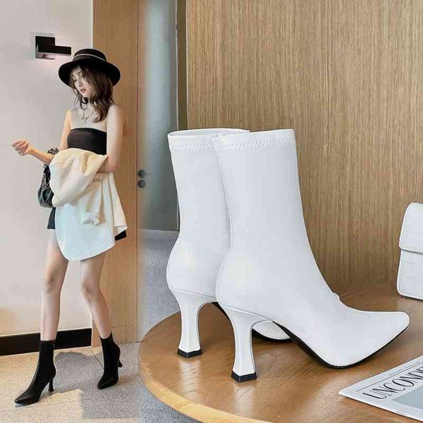 

dress shoes outono novas botas femininas branco preto sÃ³lido zÃ­per booties 7cm de salto alto estiramento tecidos finos senhoras sapatos ru60, Black