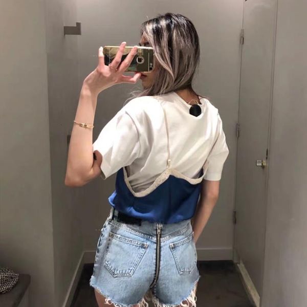 

fack two-piece set 2021 new women t shirt summer lace camis patchwork tee lady short-sleeved fashion short t-shirt, White