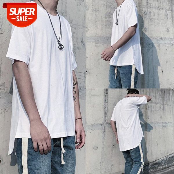 

men's street plain color lengthened arc oversize loose cotton short-sleeved t-shirt #5x8r, White;black