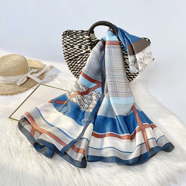 

colorful lattice silk for women's new summer 2020 with fashionable printing and sunscreen shawl scarf, Blue;black