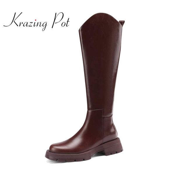 

boots krazing pot big size retro fashion equestrian genuine leather round toe med heel young lady casual thigh high l10, Black