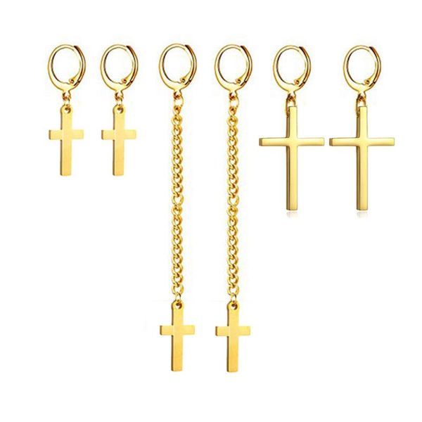 

dangle & chandelier hip hop stainless steel french buckle long chain cross drop earrings for women catholic religious jewelry, Silver