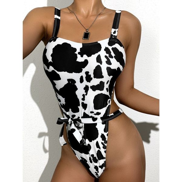 

koe omen spots print tank one piece set bikini mujer batsuit belt tight bat mode maillot the bain femme, White;black