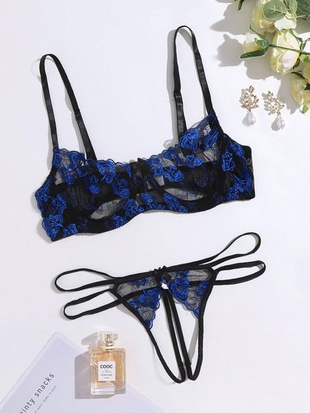 

plus embroidery mesh underwire lingerie set k04a#, Black;white