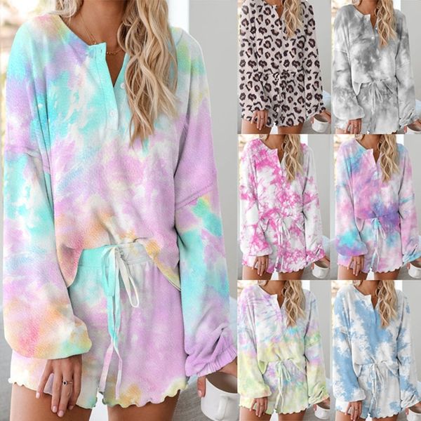 

2021 new conjunto feminino agasalho casa tie dye manga longa camisa superior e shorts branco outfits casual solto terno duas peas pj0z, White