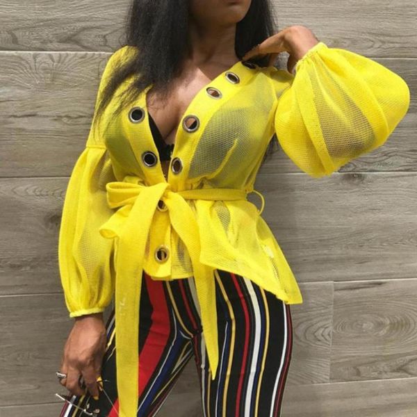 

women's blouse v-neck lantern sleeve hollow out elegant shirts ladies mesh see-through plus size female blusas mujer, White