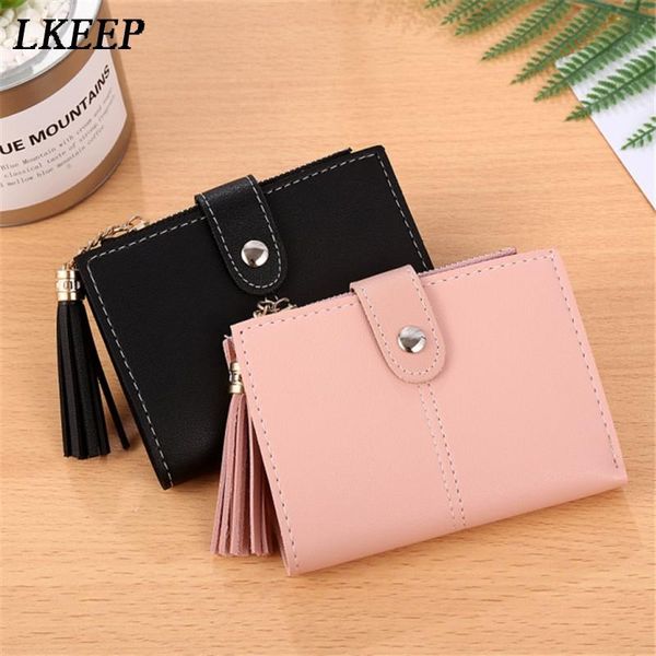 

wallets women simple short wallet tassel coin purse hasp zipper card holders handbag leather bags carteira, Red;black