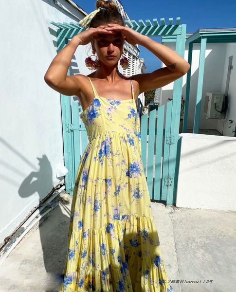 

new spaghetti strap pleated long es for women 2021 summer vacation boho yellow floral printed maxi m8xs, Black;gray