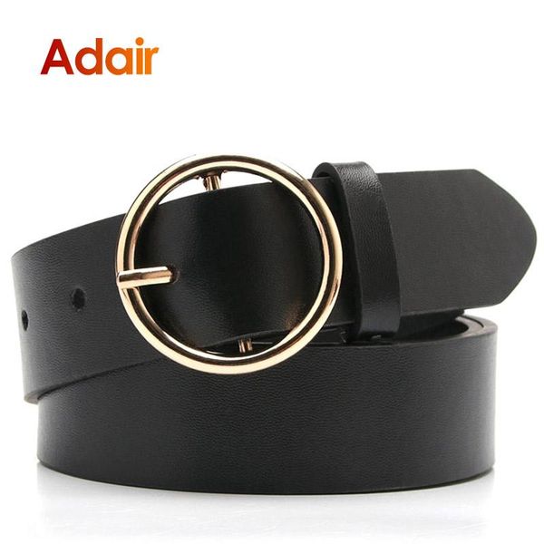 

belts women leather simple round gold buckle pure color for fashion jeans strap al, Black;brown
