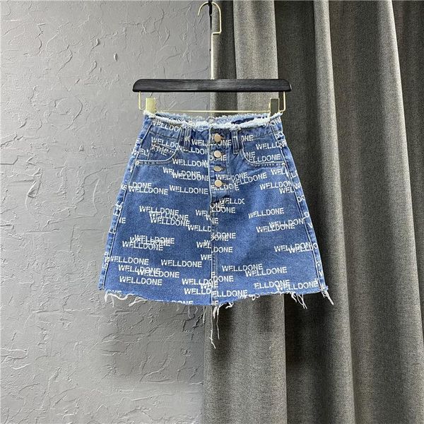 

skirts summer fashion wommen well done letter print denim short skirt female edge high waist a-line mini button pocket, Black