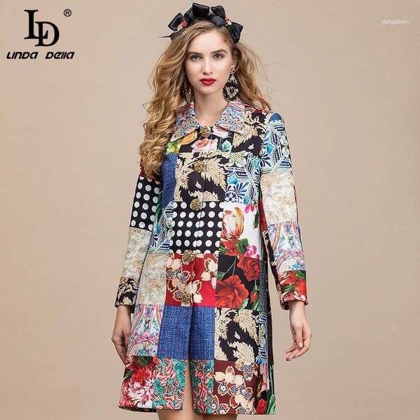 

women's wool & blends ld linda della 2021 autumn runway vintage coat women full sleeve single-breasted bead floral dots print long over, Black