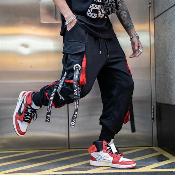 

hip hop joggers letter ribbons women pant cargo pockets track tactical casual techwear male trousers sweatpants sport streetwear, Black