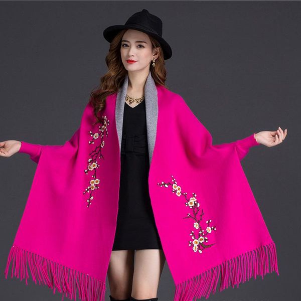 

scarves cashmere shawl autumn winter can wear scarf dual-use embroidery with sleeves wool thick tassel cloak female, Blue;gray