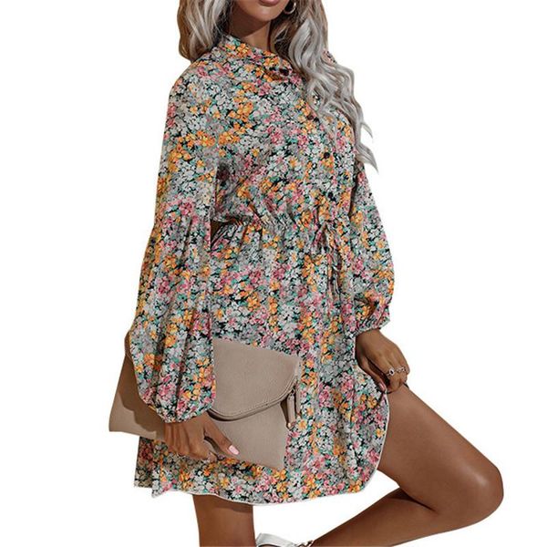 

casual dresses long sleeve single breasted dress summer floral print v neck ladies 2021 trend chiffon elegant women party m0621, Black;gray
