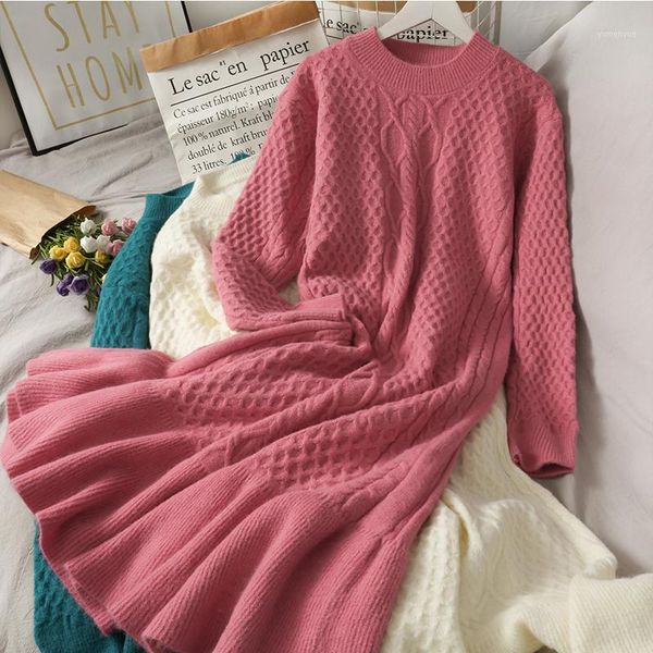 

casual dresses 2021 vintage trumpet long dress women o neck sleeve basic streetwear kintting female korean style solid, Black;gray