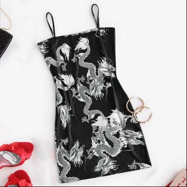 

harajuku summer womens party slim dress fashion clothes dragon print strap mini dress vestidos robes, Black;gray