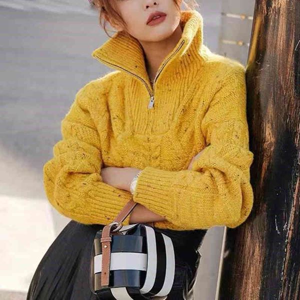 

women's sweaters yellow twist women long sleeve knitted sweater turtleneck zipper loose simple ladies autumn winter knitwear pullo, White;black