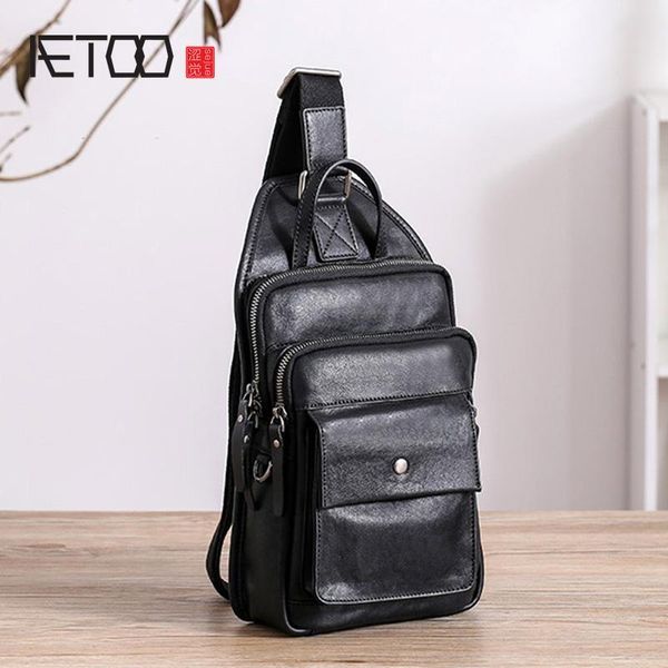 

HBP AETOO Men's Leather Fashion Casual Shoulder Bag, Top Leather Large-capacity Men's Chest Bag, Stiletto Bag, Black