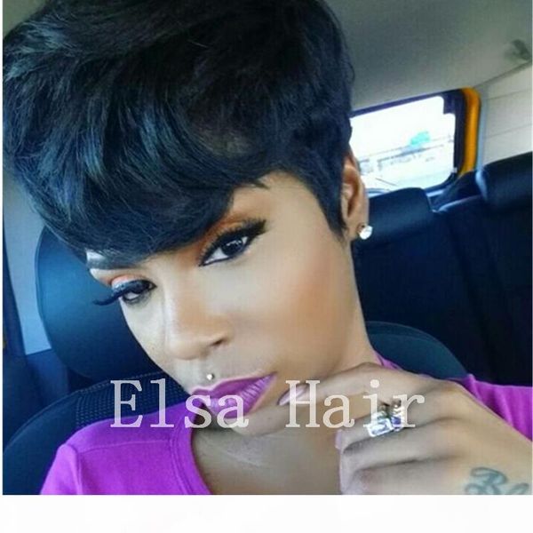 

human hair natural wave pixie cut with bangs style fashionable women comfortable black short capless wig women's african american wig, Black;brown
