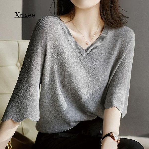 

women's blouses & shirts summer irregular women knitting shirt petal sleeve v-neck loose short ice silk sweater slim fashion clothing, White