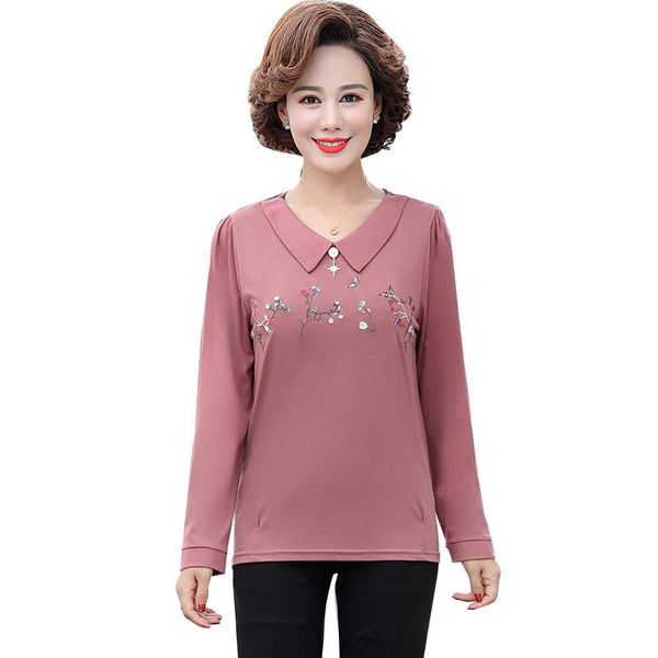

women's t-shirt floral embroidery women long sleeve t-shirts mother clothing spring fall turn-down collar pullover casual plus size 4xl, White