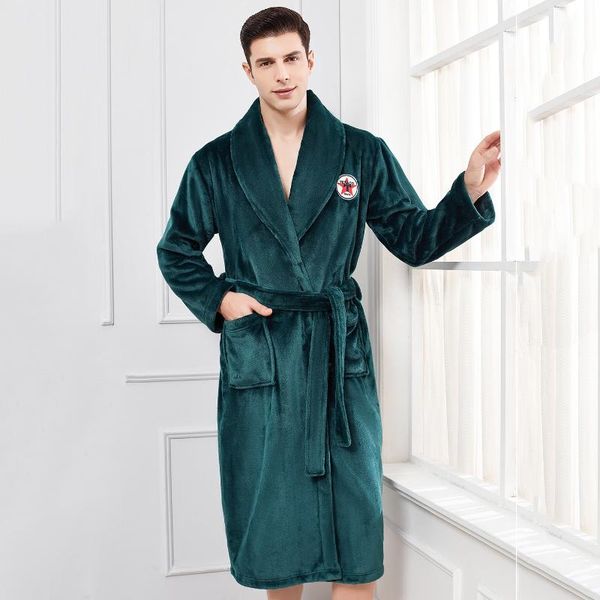 

men's sleepwear casual nightgown plus size 4xl flannel kimono robe intimate lingerie winter warm homewear soft bathrobe gown, Black;brown