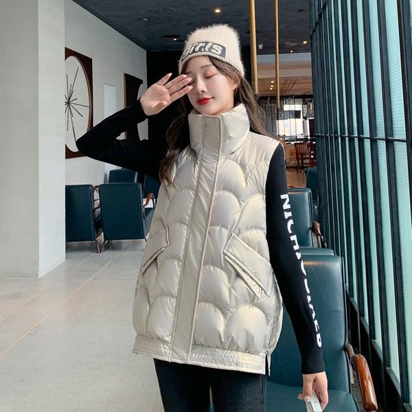 

women's vests aibeautyer autumn winter casual short cotton padded warm waistcoat women vest loose fit stand collar sleeveless jacket, Black;white