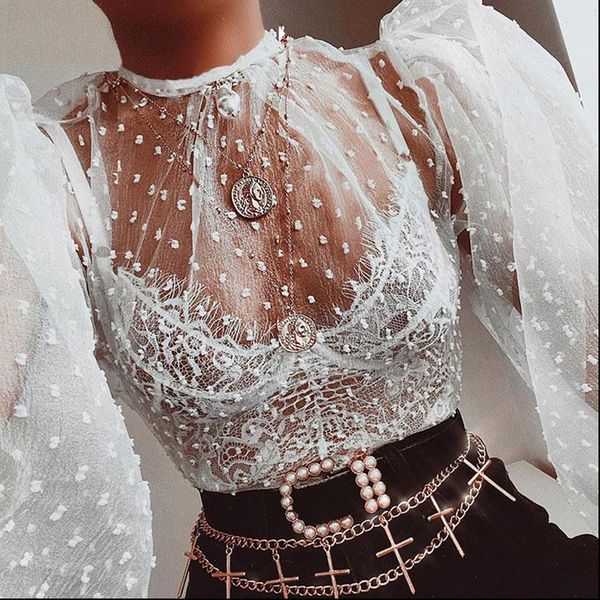 

women lady crochet mesh transparent long lantern sleeve shirt crew loose neck casual polka dot blouse streetwear, White