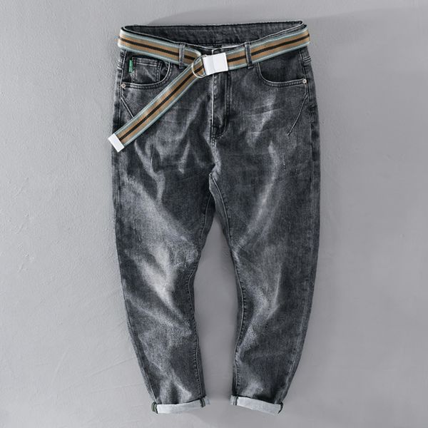 

2021 spring and summer new style jeans pants ankle-length retro stretch with belt trousers men cotton mens clothing spodnie 7h8u, Blue