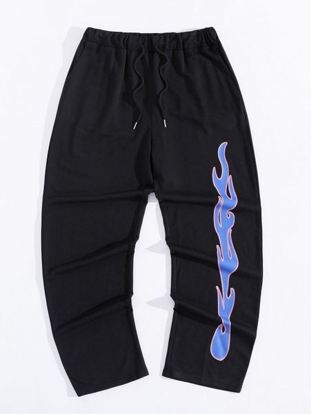 

men fire print drawstring waist sweatpants h6qe#, Black